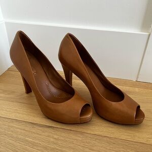 BCBG Maxazria Leather Brown Peep-Toe Heels